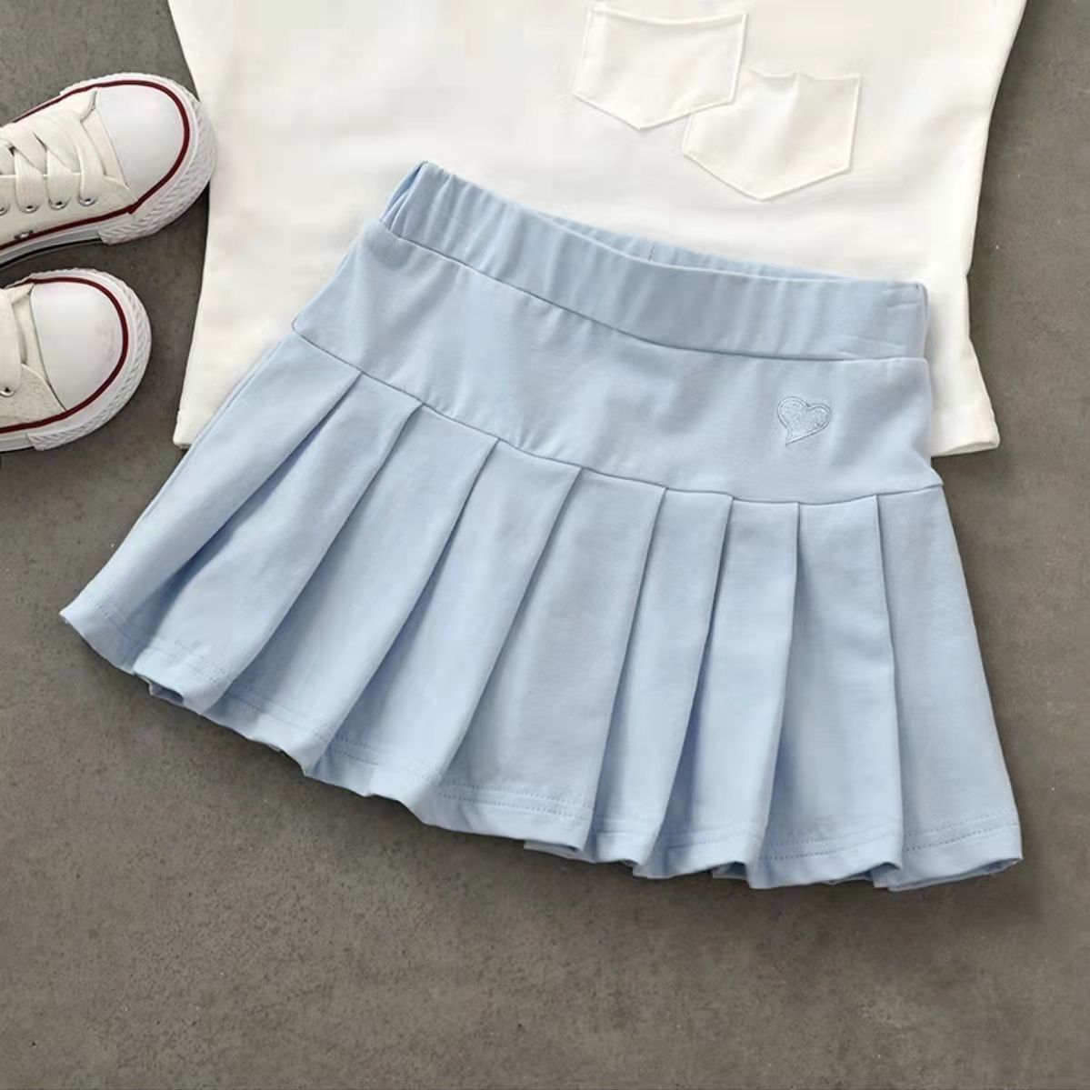 Kawaii Balletcore Aesthetic Heart Embroidery Elastic Waist Tennis Skirt for Cute Outfits