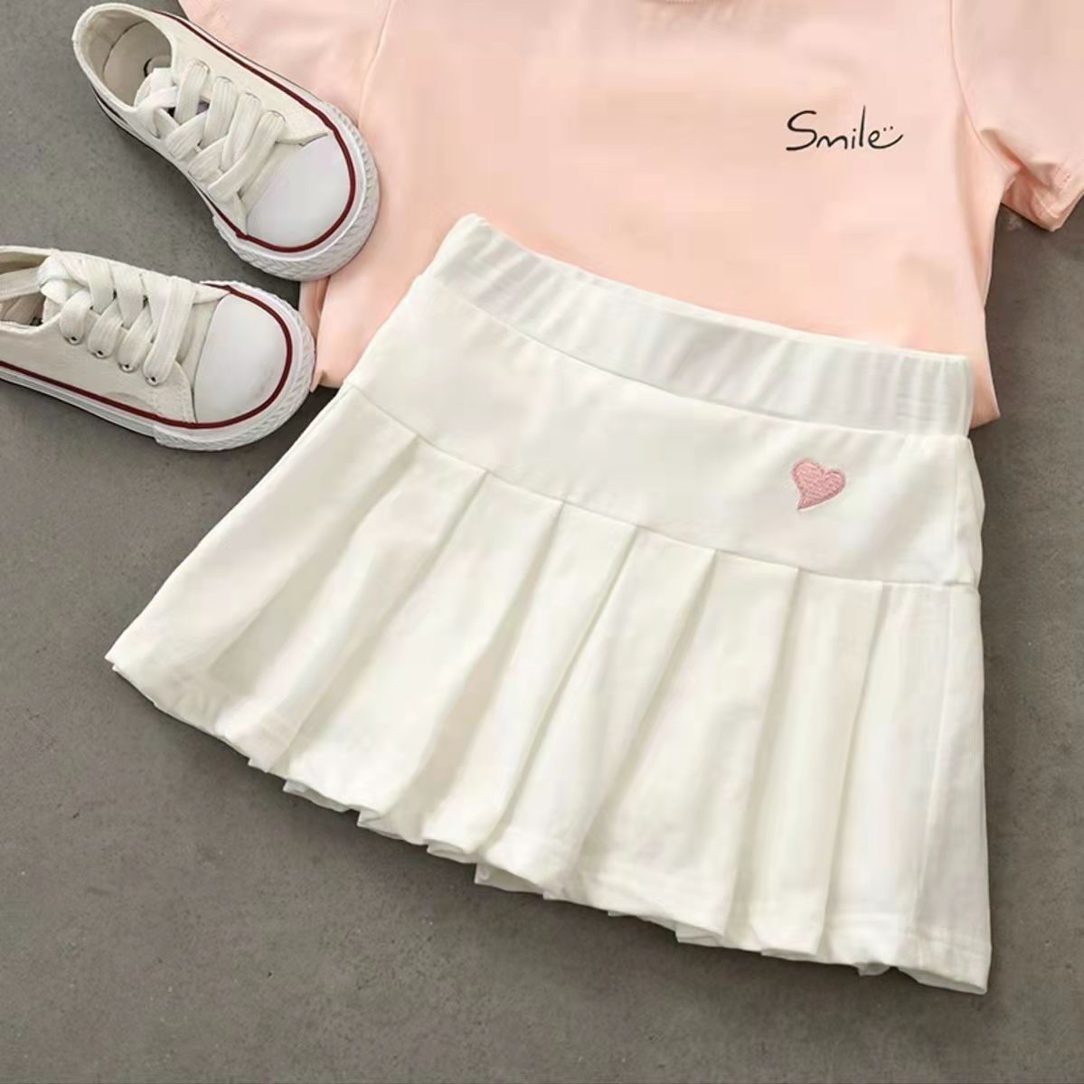 Kawaii Balletcore Aesthetic Heart Embroidery Elastic Waist Tennis Skirt for Cute Outfits