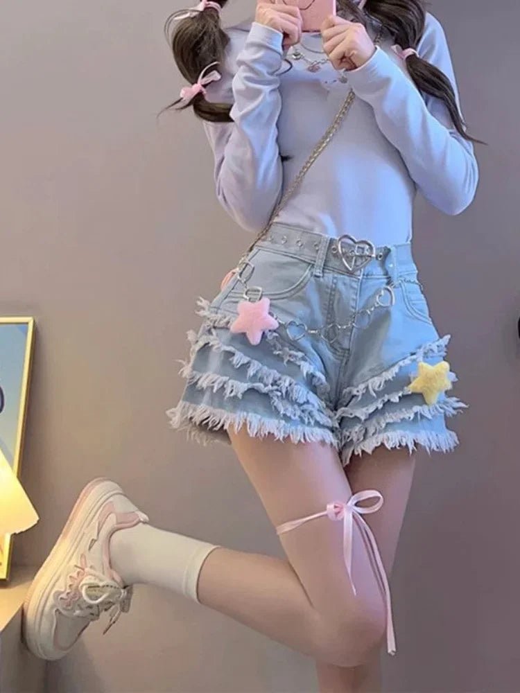 Kawaii Blue Denim Cargo Shorts for Y2K Aesthetic Outfits and Cute Summer Looks