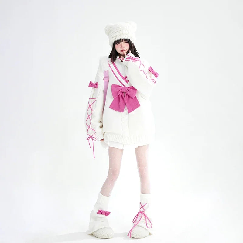 Kawaii Bow Lace-Up Sweater with Cozy Leg Warmers for Cute Aesthetic Outfits