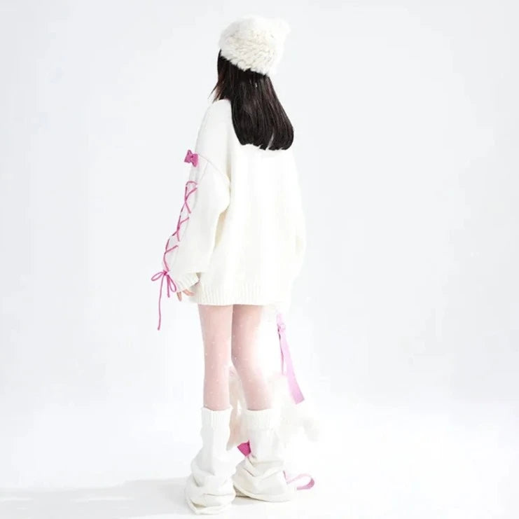 Kawaii Bow Lace-Up Sweater with Cozy Leg Warmers for Cute Aesthetic Outfits