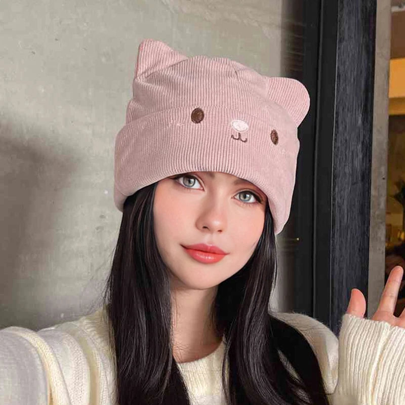 Kawaii Cat Knitted Beanie - Cute Y2K Aesthetic Winter Accessory for Cozy Outfits