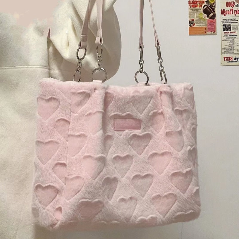 Kawaii Coquette Aesthetic Baby Pink Faux Fur Heart Print Shoulder Bag for Y2K Fashion