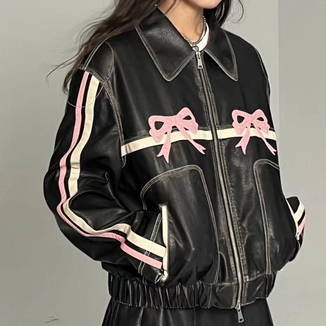 Kawaii Coquette Aesthetic Pink Bow Leather Jacket for Y2K Fashion Lovers