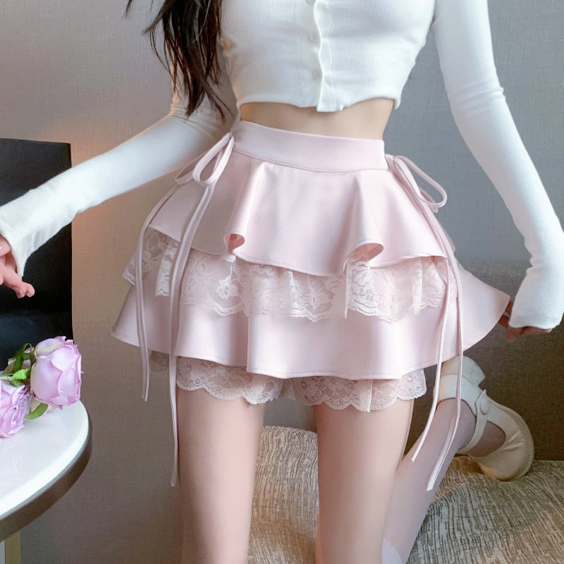 Kawaii Coquette Aesthetic Ruffle Lace Mini Skirt for Soft Girl Style Outfits