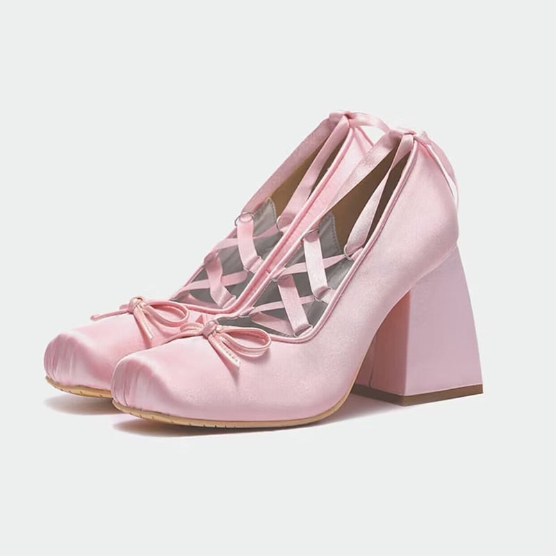 Kawaii Coquette Balletcore Square Toe Chunky Heel Satin Pumps for Aesthetic Outfits