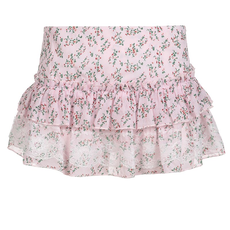 Kawaii Coquette Floral Print Low Rise Pink Chiffon Micro Skirt for Y2K Aesthetic Outfits