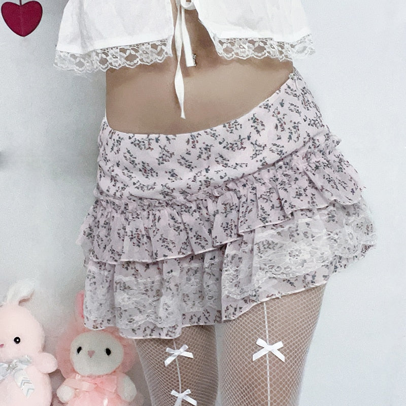 Kawaii Coquette Floral Print Low Rise Pink Chiffon Micro Skirt for Y2K Aesthetic Outfits