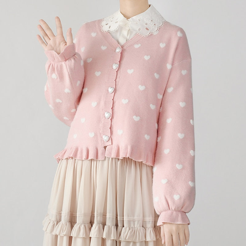 Kawaii Coquette Pastel Heart Print Cardigan - Sweet Lolita Aesthetic Fashion Top