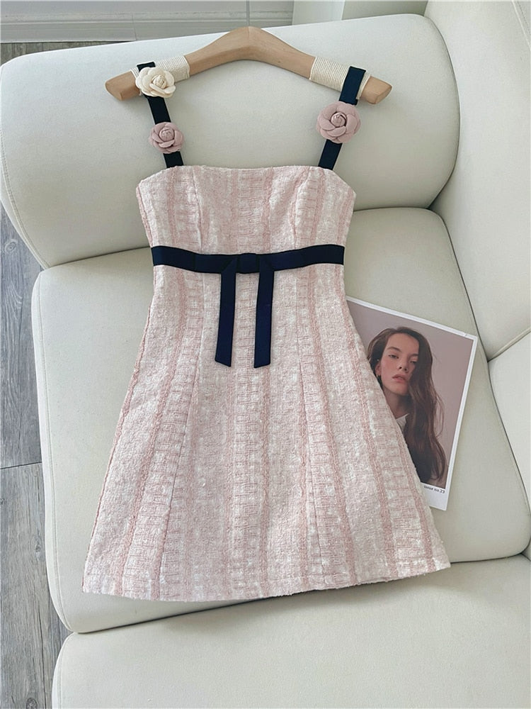 Kawaii Coquette Pink Tweed Mini Dress Inspired by Blackpink Jennie's Aesthetic Style