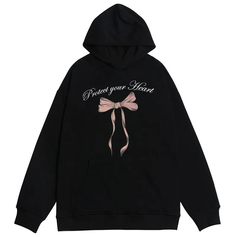 Kawaii Coquette Protect Your Heart Pink Bow Y2K Aesthetic Hoodie for Cute Outfits