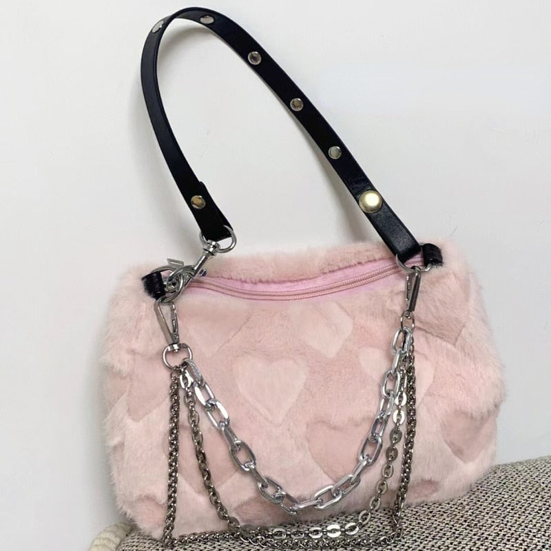 Kawaii Coquette Y2K Baby Pink Heart Fur Shoulder Bag - Harajuku Aesthetic Fashion Accessory