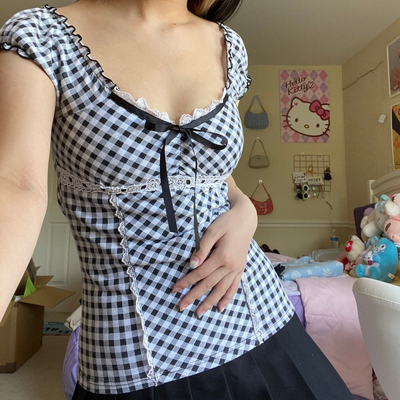 Kawaii Coquette Y2K High Waist Black Gingham Babydoll Tee for Cute Aesthetic Outfits