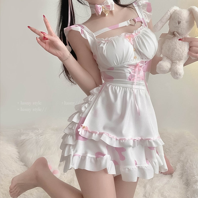 Kawaii Cow Print Maid Dress Set - Adorable Y2K Aesthetic Cosplay Outfit for Cute Looks