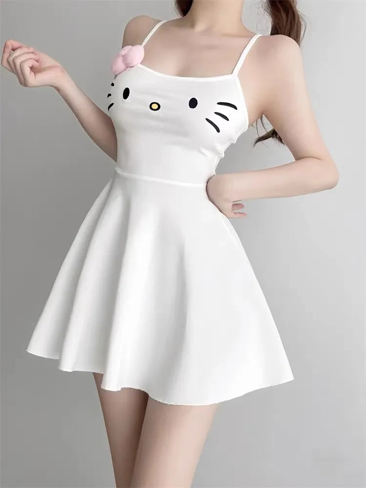 Kawaii Fashion Hello Kitty Dress in White - Adorable Y2K Aesthetic Outfit for Cute Style