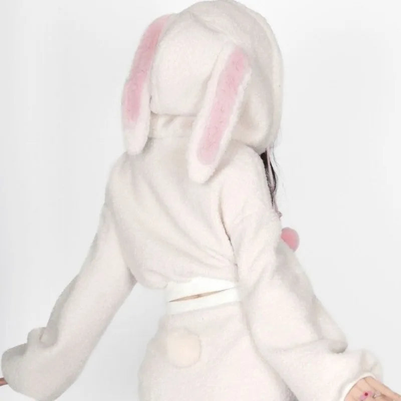 Kawaii Fluffy Rabbit Hoodie & Skirt Set - Adorable Y2K Aesthetic Outfit for Cute Style