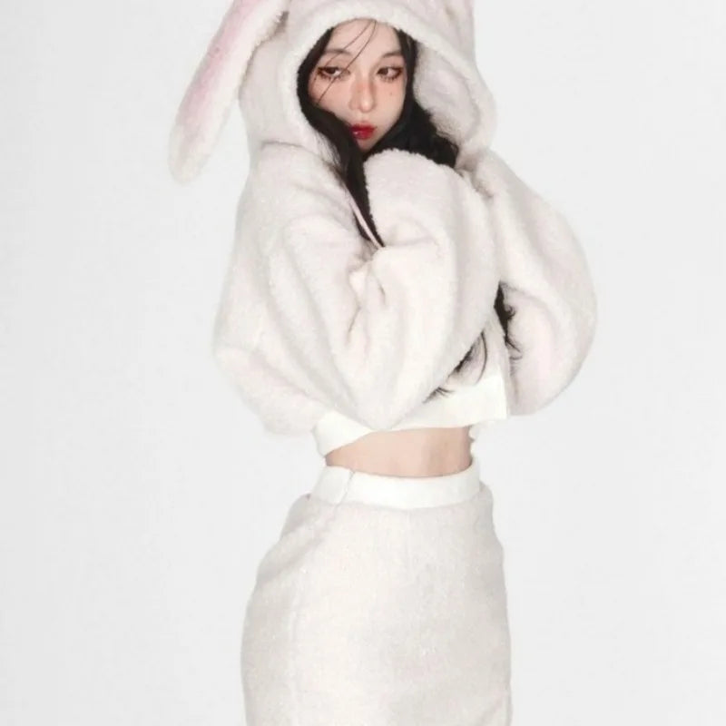 Kawaii Fluffy Rabbit Hoodie & Skirt Set - Adorable Y2K Aesthetic Outfit for Cute Style