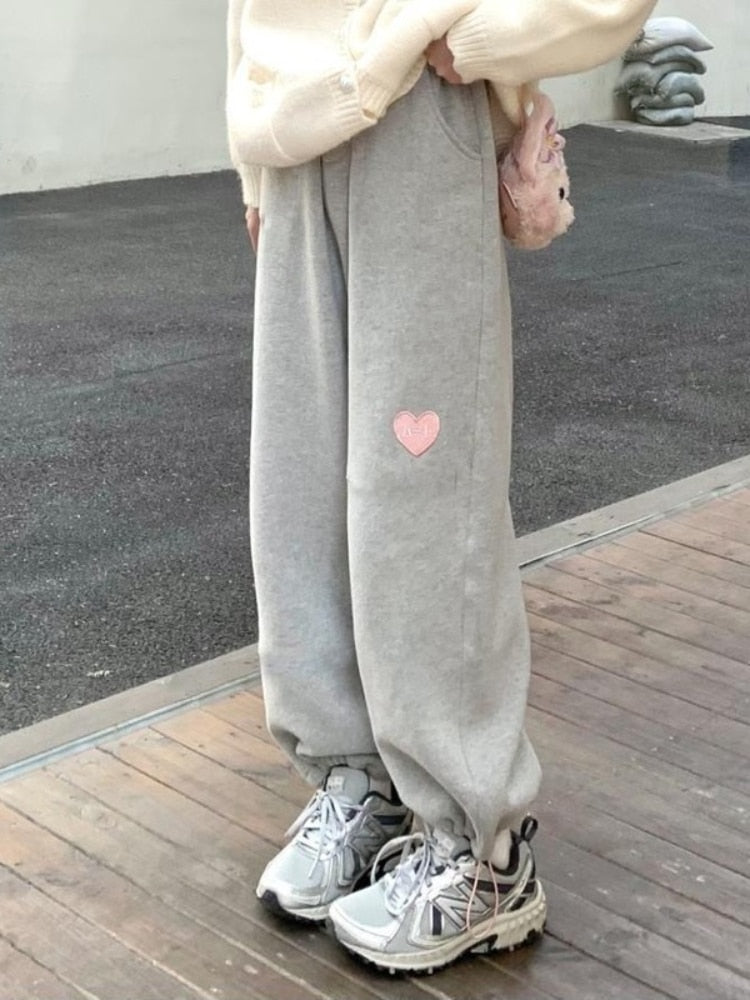 Kawaii Harajuku Aesthetic Embroidered Heart Gray Sweatpants for Cozy Y2K Style