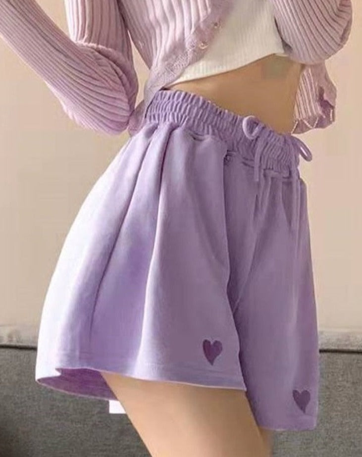 Kawaii Harajuku Aesthetic Heart Embroidered Sweatshorts for Cute Y2K Outfits