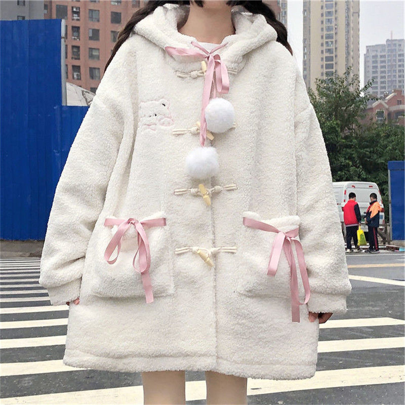 Kawaii Harajuku Aesthetic Pink Ribbon Pom Pom White Sherpa Coat for Cozy Y2K Style