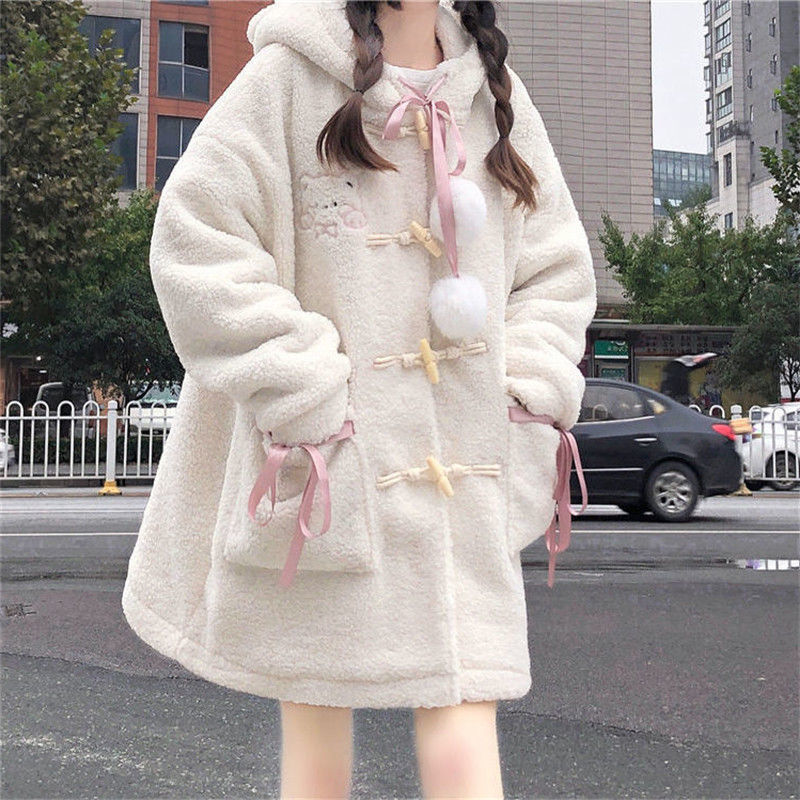 Kawaii Harajuku Aesthetic Pink Ribbon Pom Pom White Sherpa Coat for Cozy Y2K Style