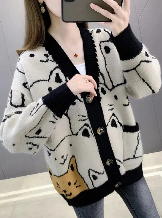 Kawaii Harajuku Cat Cardigan - Cute Y2K Aesthetic Sweater for Cozy Outfits