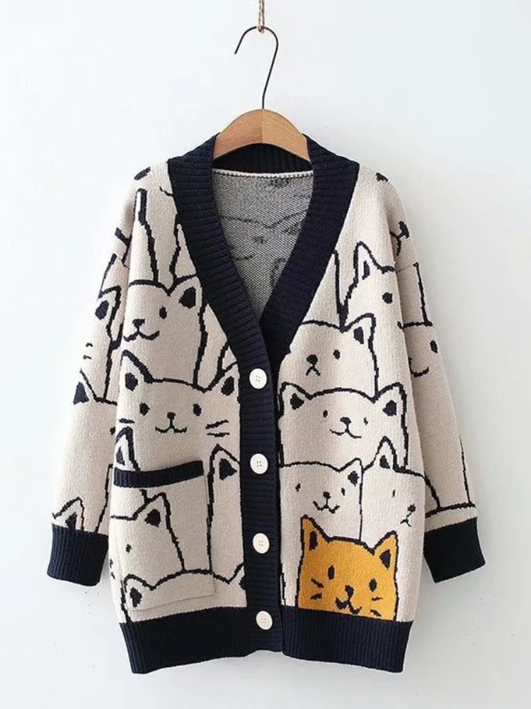 Kawaii Harajuku Cat Cardigan - Cute Y2K Aesthetic Sweater for Cozy Outfits