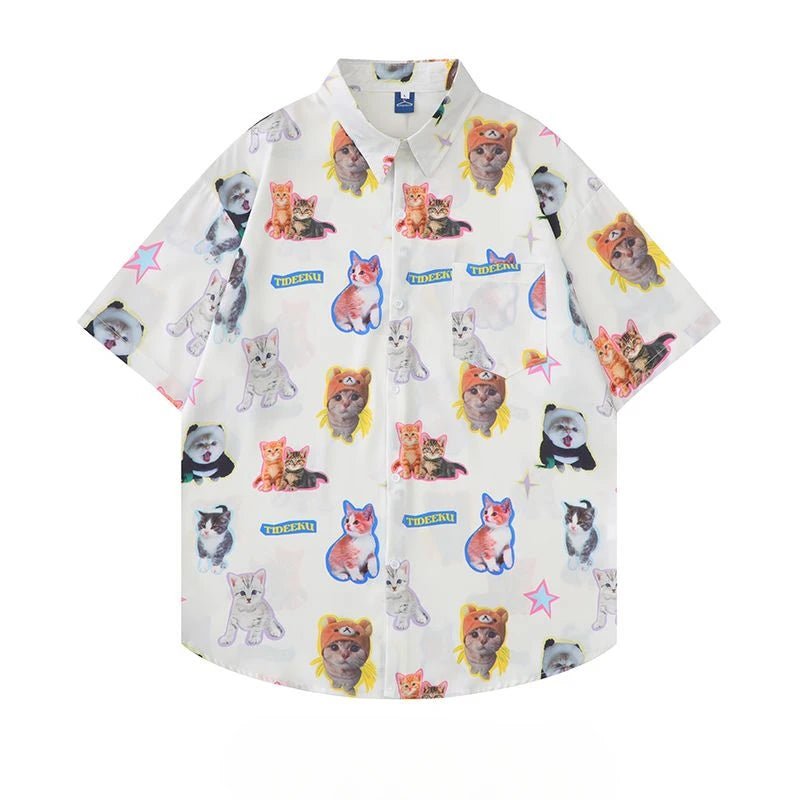 Kawaii Hello Kitty Print Button-Up Shirt for Cute Y2K Aesthetic Outfits