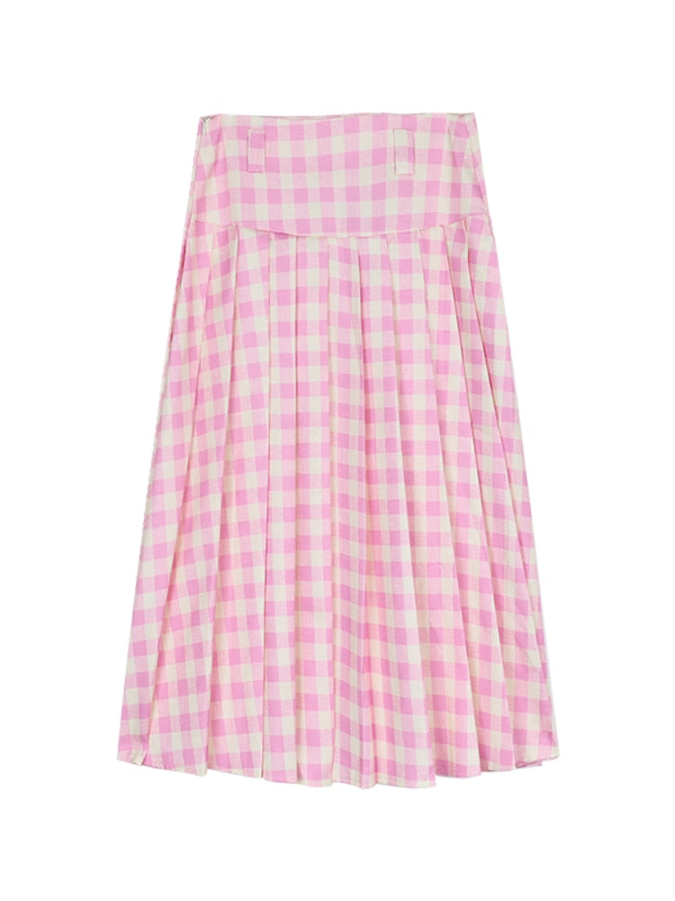 Kawaii Korean Aesthetic Pink Gingham Pleated Midi Skirt for Y2K and Coquette Style