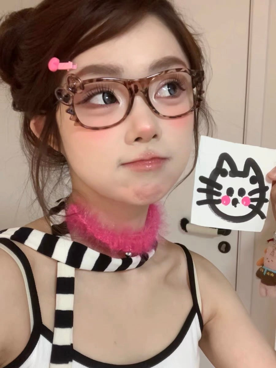 Kawaii Leopard Print Hello Kitty Eyeglasses Frames for Y2K Fashion Lovers