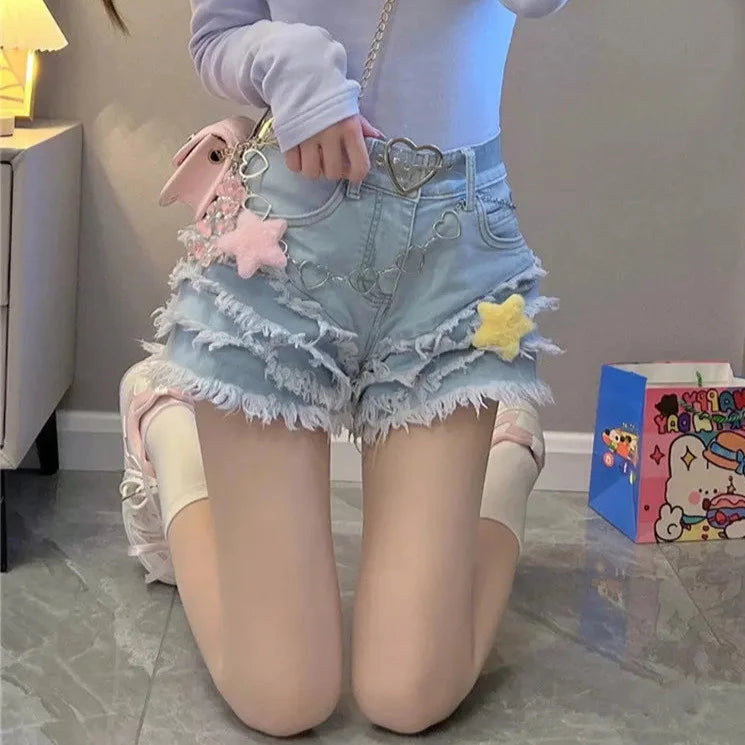 Kawaii Lolita Denim Shorts for Y2K Aesthetic and Coquette Style Outfits