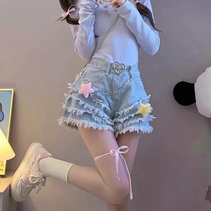 Kawaii Lolita Denim Shorts for Y2K Aesthetic and Coquette Style Outfits