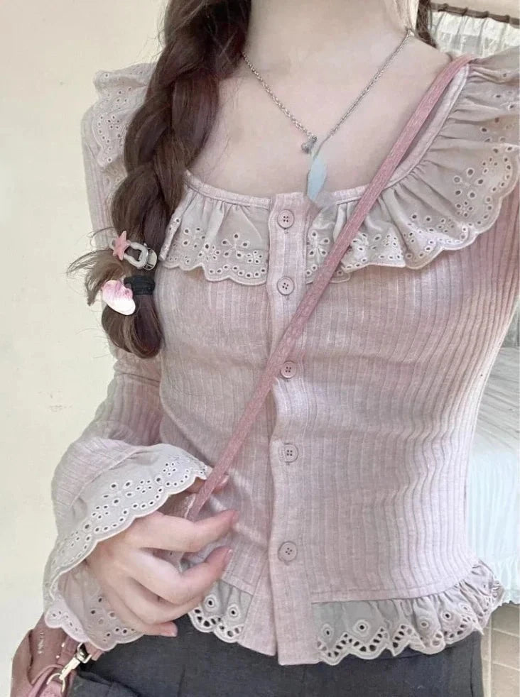 Kawaii Long Sleeve Lace Coquette Blouse - Cute Y2K Fashion Top for Aesthetic Outfits