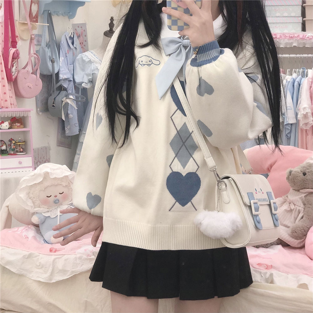 Kawaii Love Pattern Oversized Sweater - Cozy Y2K Aesthetic Knit Top for Cute Outfits