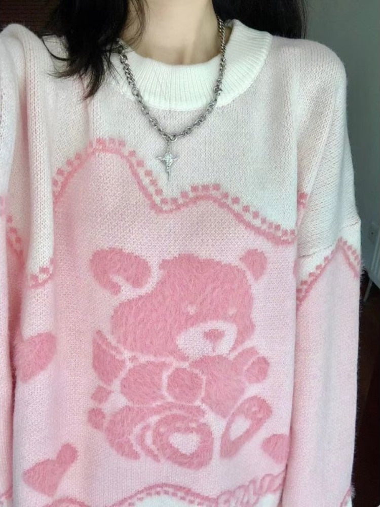 Kawaii Pink Bear Sweater: Adorable Y2K Aesthetic Knit for Cozy, Cute Outfits