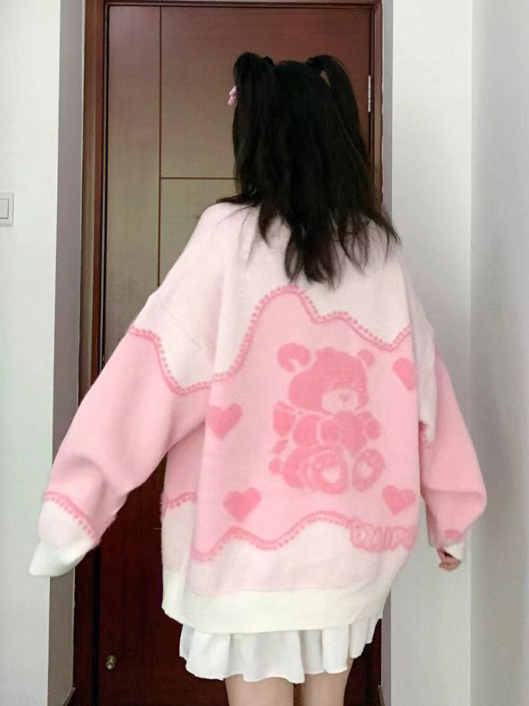 Kawaii Pink Bear Sweater: Adorable Y2K Aesthetic Knit for Cozy, Cute Outfits