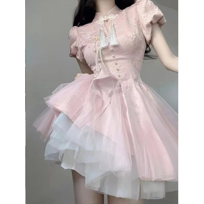 Kawaii Puff Sleeve Short Dress - Adorable Y2K Aesthetic for Cute Outfits and Events