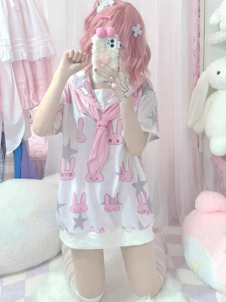 Kawaii Rabbit Print T-Shirt - Cute Y2K Aesthetic Top for Cozy Outfits