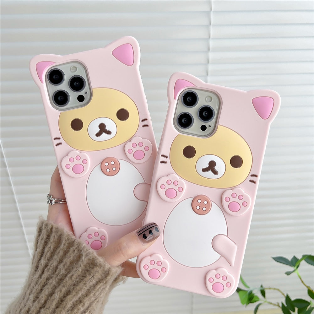 Kawaii Rilakkuma & Korilakkuma Pink Cat Silicone iPhone Case - Y2K Aesthetic Phone Accessory