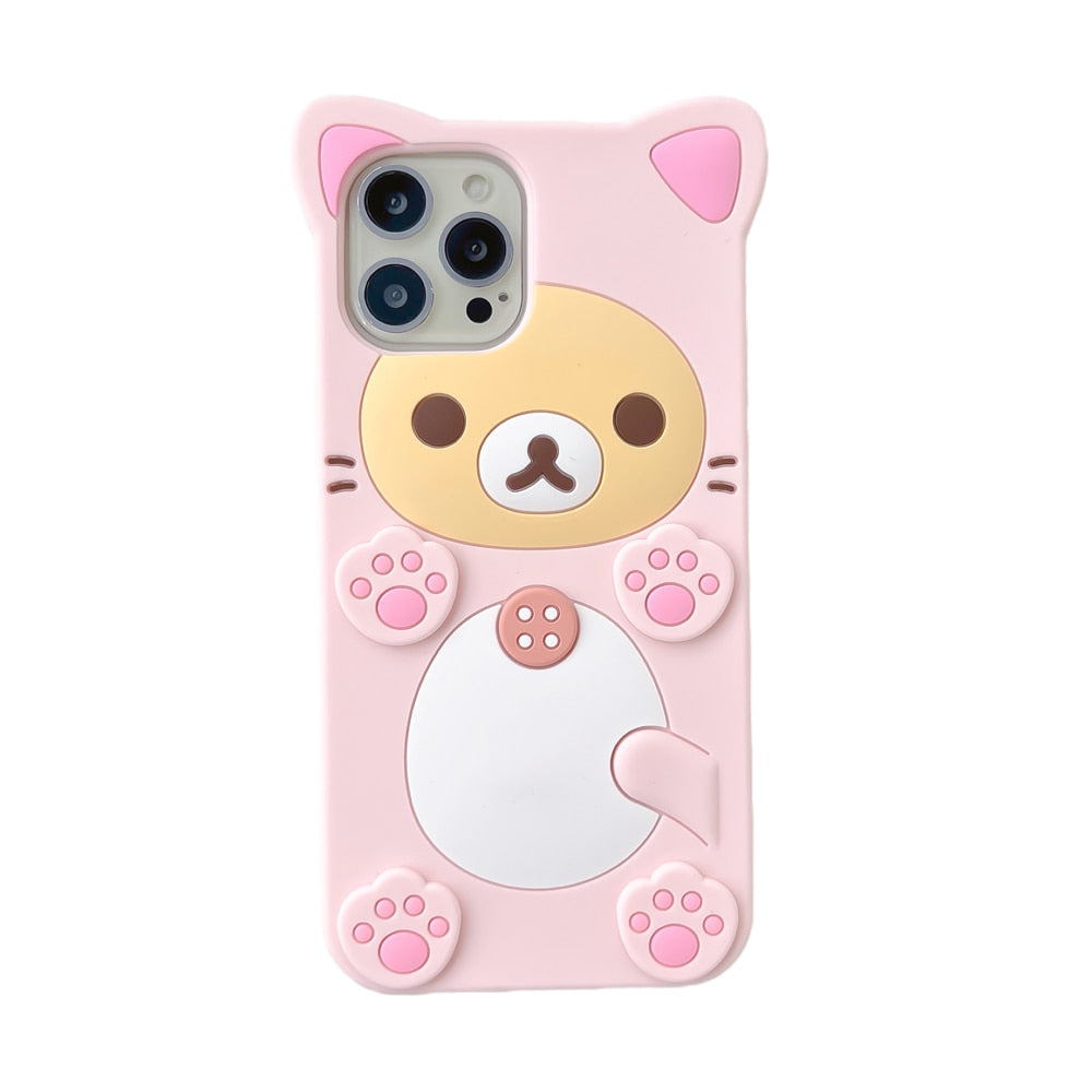 Kawaii Rilakkuma & Korilakkuma Pink Cat Silicone iPhone Case - Y2K Aesthetic Phone Accessory