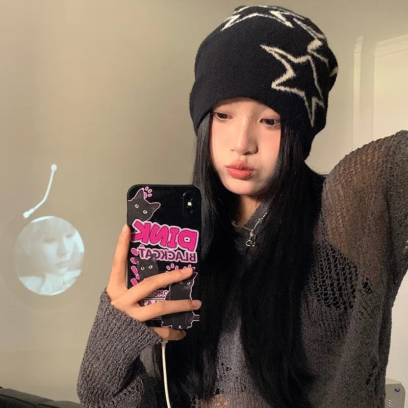 Kawaii Star Knit Beanie - Cute Y2K Aesthetic Winter Hat for Cozy Style