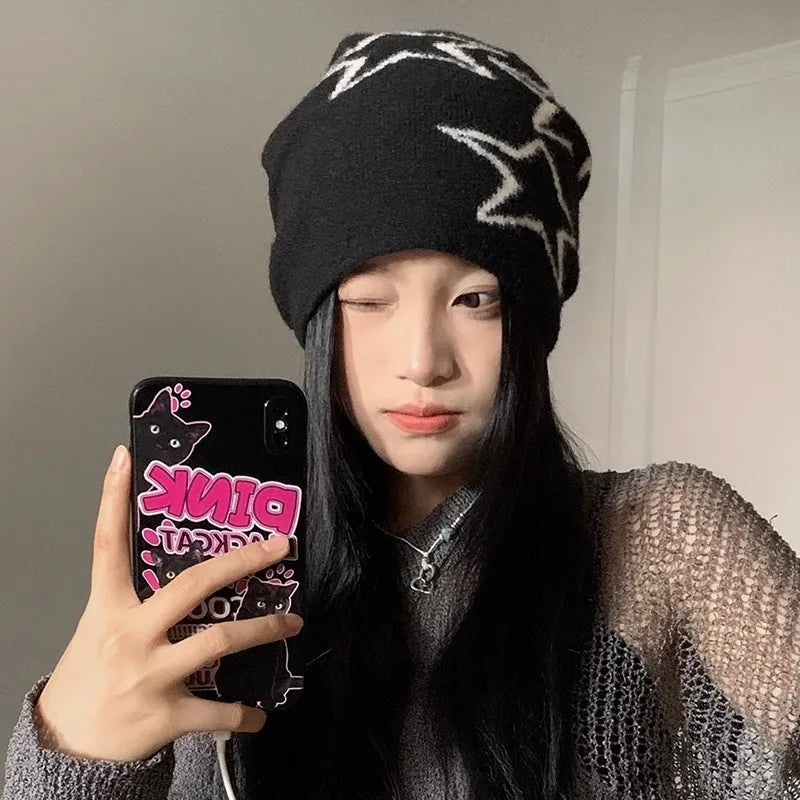 Kawaii Star Knit Beanie - Cute Y2K Aesthetic Winter Hat for Cozy Style