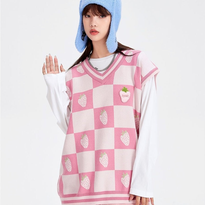 Kawaii Strawberry V-Neck Sweater - Cute Y2K Aesthetic Knit Top for Cozy Outfits