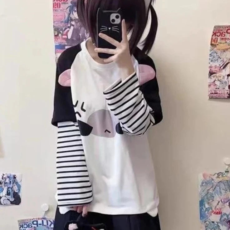 Kawaii Striped Anime Tee - Y2K Aesthetic Cute Top for Coquette and Soft Girl Styles