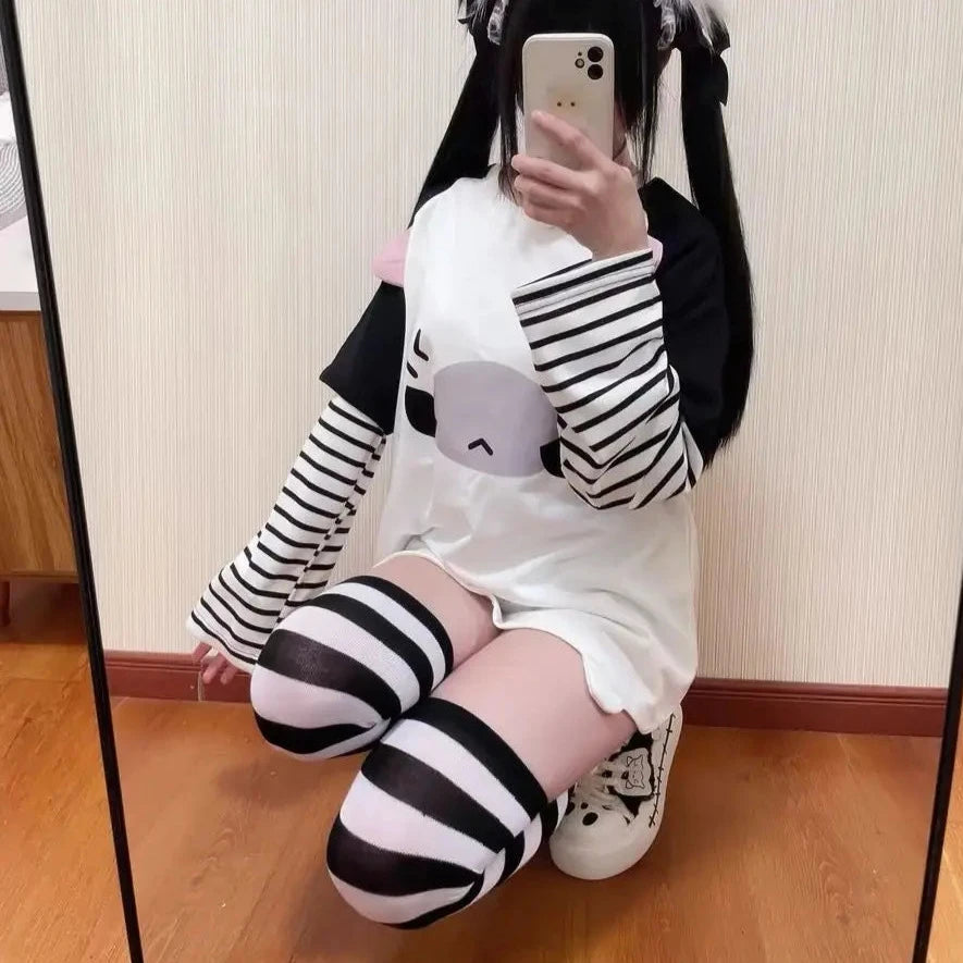 Kawaii Striped Anime Tee - Y2K Aesthetic Cute Top for Coquette and Soft Girl Styles