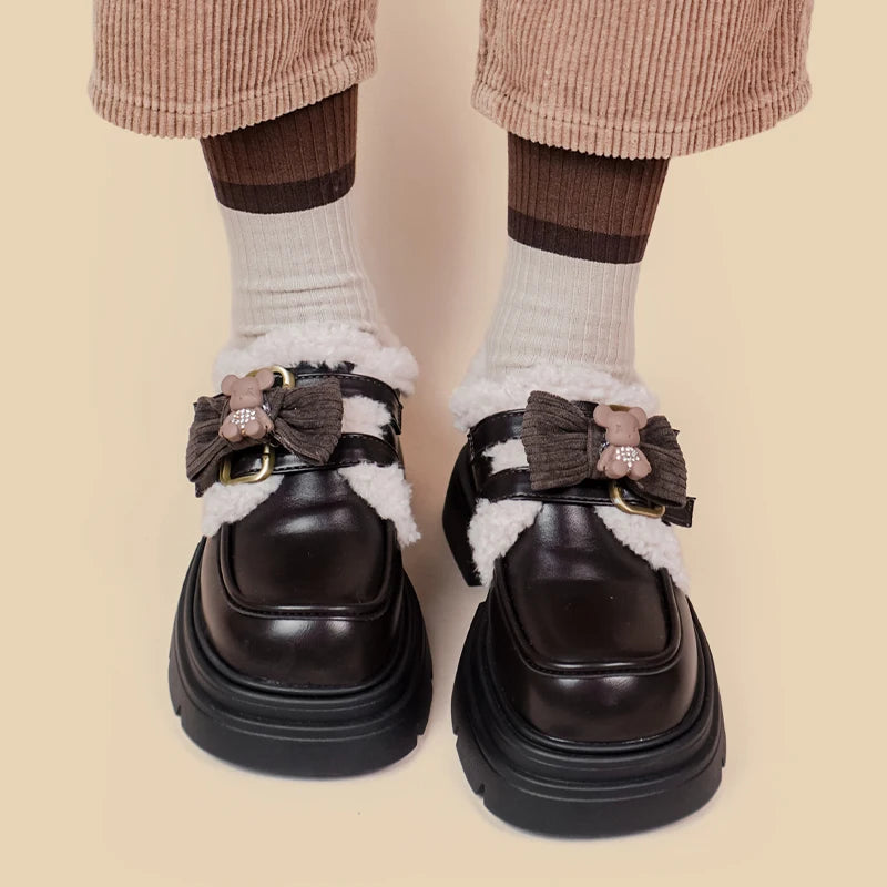 Kawaii Teddy Bear Platform Mary Jane Shoes for Cute Y2K Aesthetic Outfits