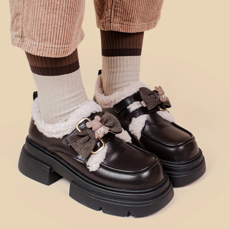 Kawaii Teddy Bear Platform Mary Jane Shoes for Cute Y2K Aesthetic Outfits