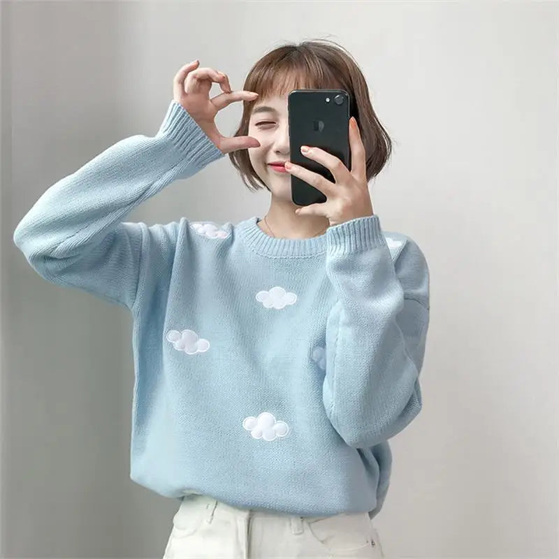 Kawaii Ulzzang Clouds Sweater - Cozy Y2K Aesthetic Knit for Cute Outfits and Layering