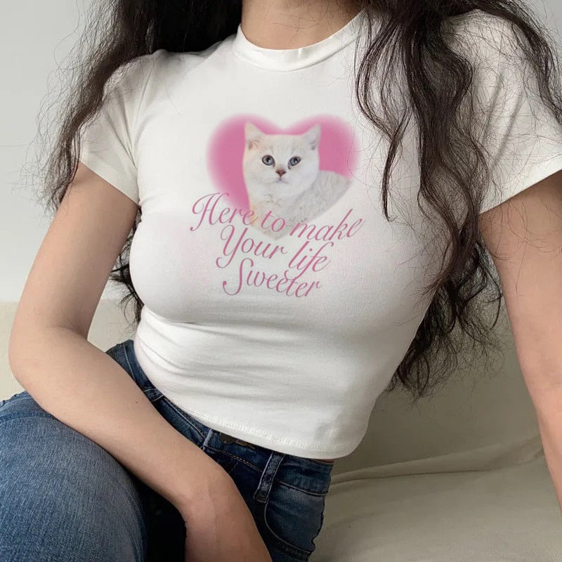 Kawaii Y2K 90s Aesthetic Cute Cat Graphic Crop Top T-Shirt for Trendy Outfits