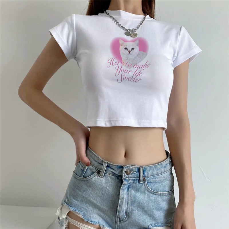 Kawaii Y2K 90s Aesthetic Cute Cat Graphic Crop Top T-Shirt for Trendy Outfits